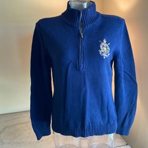 Ralph Lauren Status Monogram zip front navy blue cotton sweater  Sz L